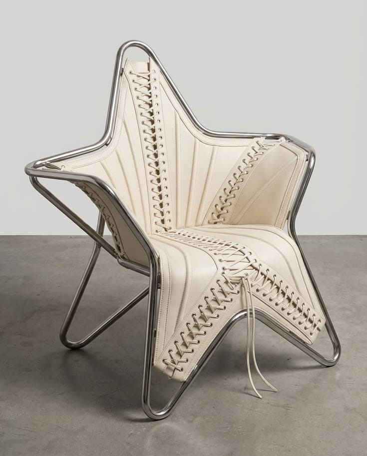 A contemporary star-shaped chair with a polished metal frame and a cream-colored leather upholstery. The upholstery is detailed with intricate lacing that extends across the seat and backrest, mimicking a corset or shoe design. The metal frame is tubular and appears to be chrome or stainless steel, forming an angular base and support structure. The overall design is striking and avant-garde. — 3D model