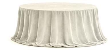 A minimalist, digitally rendered image of a round table fully enveloped by a cream-colored, floor-length tablecloth. The fabric drapes in soft, vertical pleats, pooling slightly at the base, completely obscuring the table's structure beneath. The object is presented against a plain white background. — 3D model