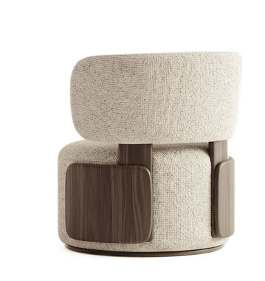 A contemporary armless accent chair featuring a rounded, upholstered seat and a separate, upholstered backrest. The chair is covered in a light beige, textured fabric and features dark wood or composite structural elements on its sides and base, suggesting a swivel mechanism. — 3D model