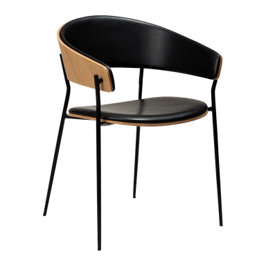 A modern accent chair featuring a curved black upholstered backrest and seat, supported by a thin, black metal frame. The chair has a distinctive curved wooden accent on the sides of the backrest, providing a contrast in materials and color. The legs are slender and angled outwards. — 3D model