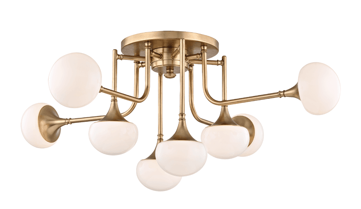 A contemporary semi-flush mount chandelier featuring a central brass-toned canopy from which multiple arms extend outwards. Some arms curve upwards and downwards, terminating in spherical opal glass shades, while others extend horizontally, also ending in similar glass diffusers. The design evokes a modern, sculptural aesthetic with a nod to mid-century modern 'Sputnik' styles, providing diffused illumination from multiple points. — 3D model