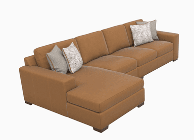 A modular sectional sofa with a chaise lounge on the left side. The sofa features multiple seat cushions and back cushions. Two decorative throw pillows are placed on the sofa. The sofa is upholstered in a smooth, brown material. The legs are low-profile and appear to be made of wood. — 3D model