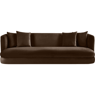 A plush, deep brown sofa with a streamlined, modern design. It features curved armrests that blend seamlessly into the backrest, and a rounded base. Two square throw pillows in a matching fabric are placed on the sofa. The upholstery appears to be a soft velvet or similar textured fabric. — 3D model