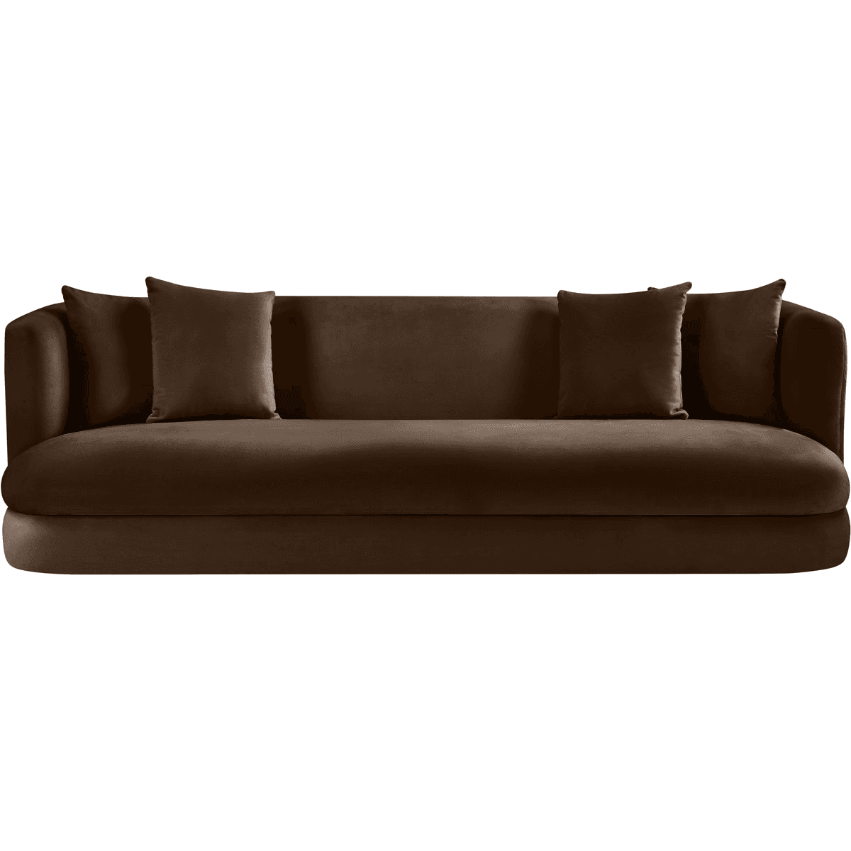 A plush, deep brown sofa with a streamlined, modern design. It features curved armrests that blend seamlessly into the backrest, and a rounded base. Two square throw pillows in a matching fabric are placed on the sofa. The upholstery appears to be a soft velvet or similar textured fabric. — 3D model