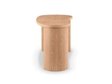 A modern wooden desk with a distinctive oval-shaped tabletop. It features two curved, cylindrical legs that provide support. A single, integrated drawer is subtly incorporated into the underside of the tabletop on one side, maintaining the clean, minimalist aesthetic. The wood grain is visible, suggesting a natural finish. — 3D model