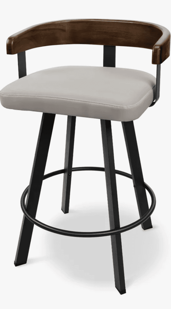 A modern bar stool featuring a light grey faux leather upholstered seat, a curved dark wood backrest, and a black metal frame with tapered legs and an integrated circular footrest. The seat appears to have a swivel function. — 3D model