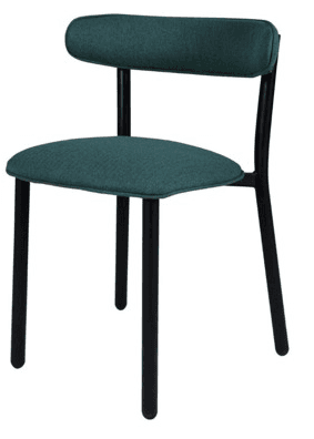 A modern, armless chair with a dark green upholstered seat and backrest, supported by a black metal frame and legs. — 3D model