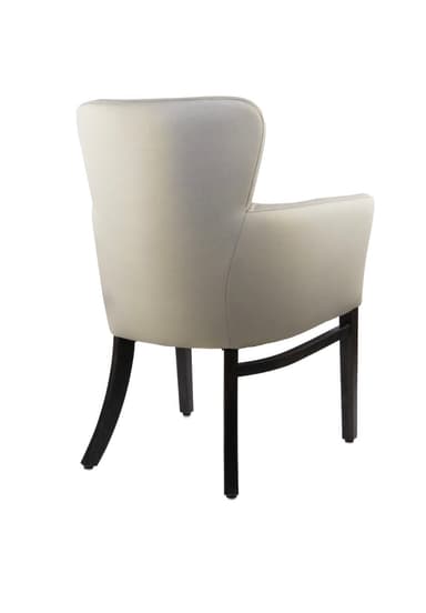 A detailed drawing of an upholstered armchair with various dimensions indicated. The chair features a padded seat, backrest, and armrests, supported by four tapered wooden legs. The upholstery appears to be a light-colored fabric, and the legs are dark. — 3D model