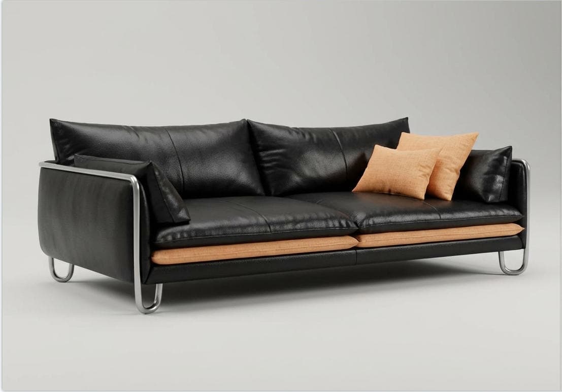 A modern black leather sofa with a metal frame and orange cushion accents. The sofa features a three-seater design with separate seat cushions and back cushions. The frame is constructed of polished metal tubing that forms the legs and armrests. Two rectangular orange throw pillows are placed on the seat. — 3D model