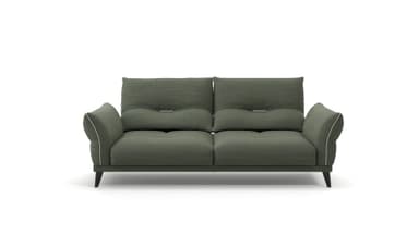A modern two-seater sofa or loveseat upholstered in a textured green fabric, featuring exposed white piping along the edges of the cushions and armrests, supported by slender dark metal legs. — 3D model