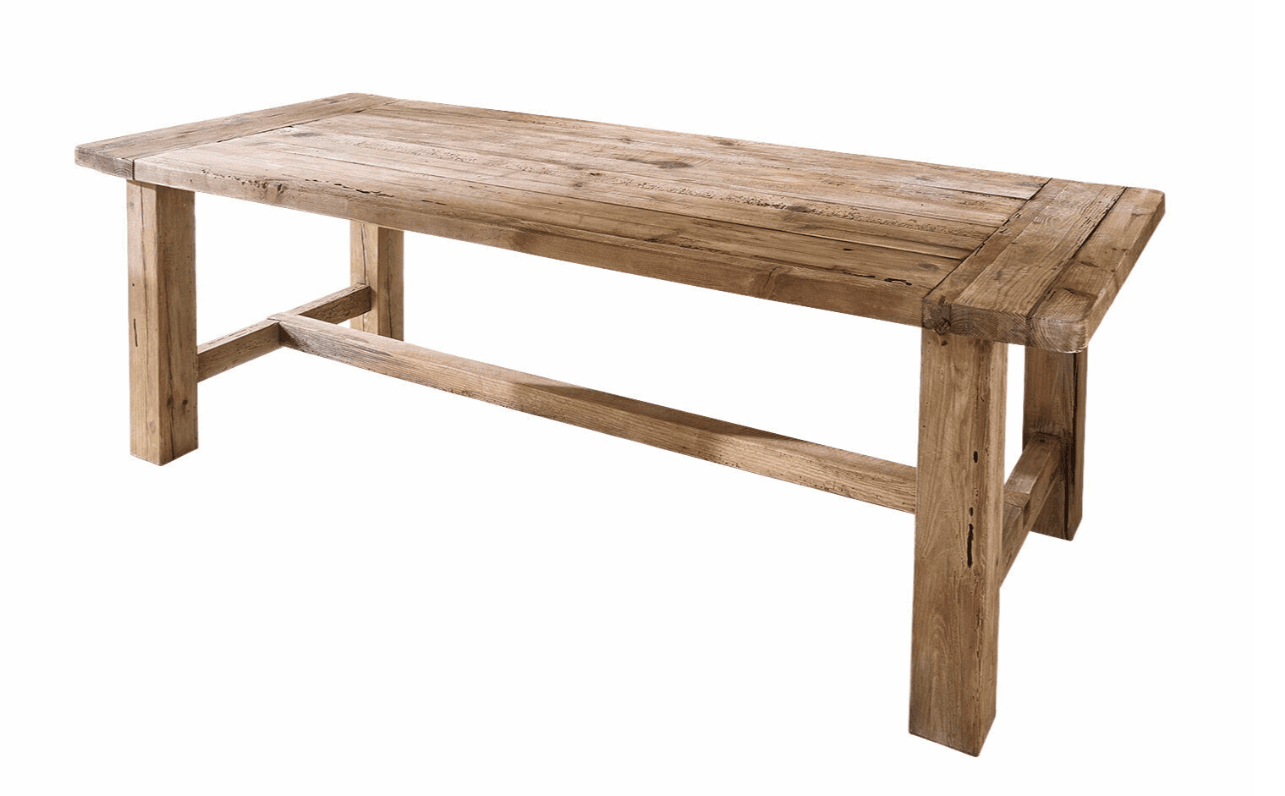 A rectangular dining table constructed from reclaimed wood. The tabletop is composed of multiple planks with visible grain and slight imperfections. The legs are thick and square-shaped, connected by a lower stretcher bar for added stability. The overall aesthetic suggests a rustic or farmhouse style. — 3D model