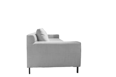 A three-seater sofa with a modern design, featuring a rectangular silhouette, plush seat cushions, and three loose back cushions. The sofa is upholstered in a light gray, textured fabric and is supported by thin, black, angled legs. — 3D model