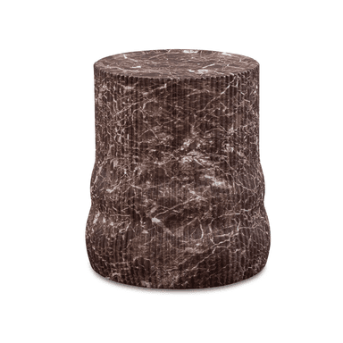 A cylindrical accent stool or side table featuring a dark brown marble finish with prominent white veining. The body of the stool is characterized by a distinctive fluted or ridged texture, giving it a sculptural quality. The top and bottom are flat and round, while the central portion subtly narrows before flaring out slightly towards the base. This piece combines a robust material with refined textural details, suggesting a contemporary or modern classic aesthetic. — 3D model