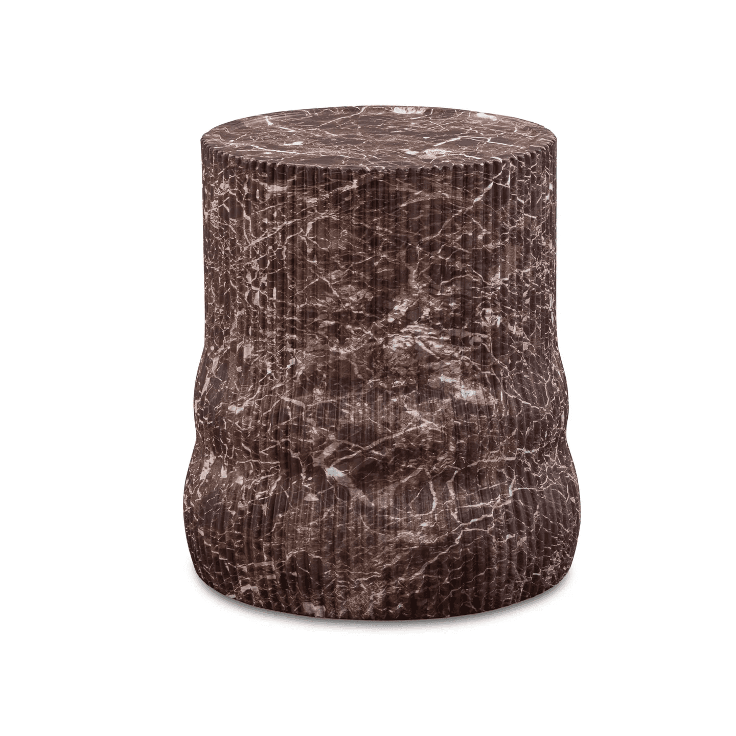 A cylindrical accent stool or side table featuring a dark brown marble finish with prominent white veining. The body of the stool is characterized by a distinctive fluted or ridged texture, giving it a sculptural quality. The top and bottom are flat and round, while the central portion subtly narrows before flaring out slightly towards the base. This piece combines a robust material with refined textural details, suggesting a contemporary or modern classic aesthetic. — 3D model
