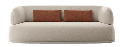A contemporary two-seater sofa featuring a solid, rounded silhouette upholstered in a light, textured fabric, accompanied by two rectangular accent pillows. — 3D model