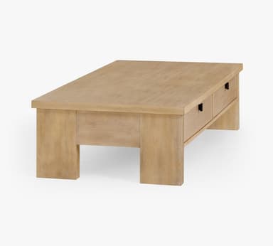 A rectangular coffee table with a light wood finish and two drawers. The table features a simple, modern design with sturdy legs and dark square drawer pulls. — 3D model