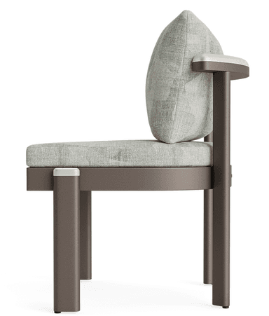 A contemporary armchair featuring a robust, angular metal frame in a dark bronze finish, complemented by plush, removable upholstered seat and back cushions. The fabric has a light green and beige geometric pattern. The armrests are integrated into the frame, with rounded metallic end caps. — 3D model