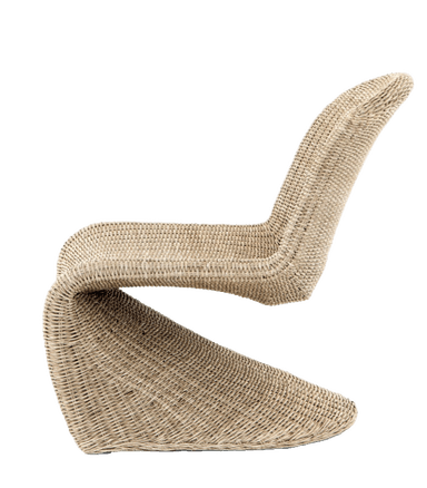 A woven armchair with a curved back and seat. The chair is constructed from a woven material, likely rattan or wicker, exhibiting a textured surface. The base appears to be integrated into the seat and back structure, forming a continuous, open-bottomed form. — 3D model