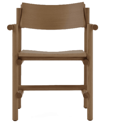 A wooden armchair with a minimalist design, featuring a slatted seat and backrest, and cylindrical armrests. The structure is composed of light-colored wood elements joined together, with a visible grain pattern. The chair has four legs and a supportive frame. — 3D model