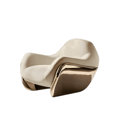 A contemporary lounge chair featuring a plush, light-colored upholstered seat and back, supported by a distinct, highly polished gold-tone metal base that wraps around the lower portion of the chair. — 3D model