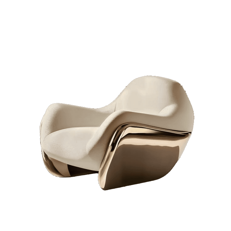 A contemporary lounge chair featuring a plush, light-colored upholstered seat and back, supported by a distinct, highly polished gold-tone metal base that wraps around the lower portion of the chair. — 3D model