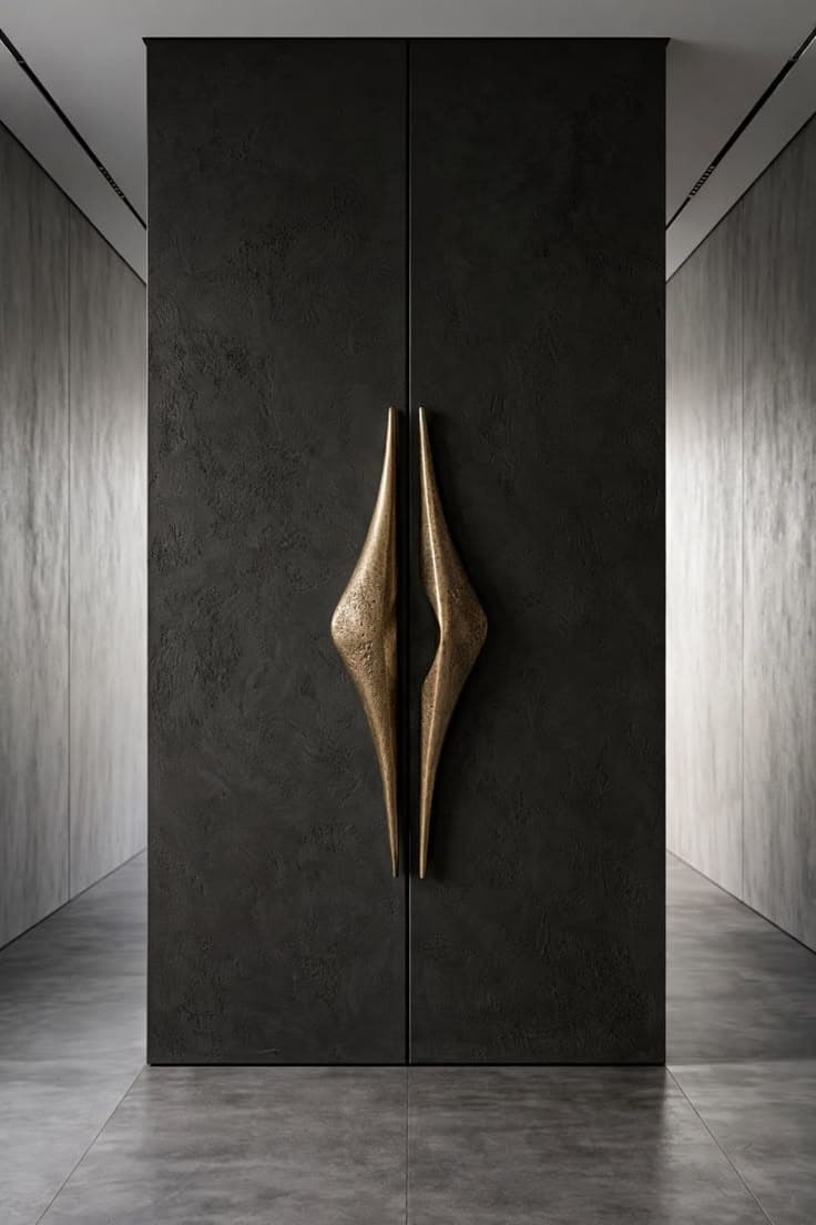 A tall, dark-textured double-door cabinet featuring prominent, elongated, sculptural brass handles. The cabinet appears integrated into a modern, minimalist hallway with concrete walls and flooring. — 3D model