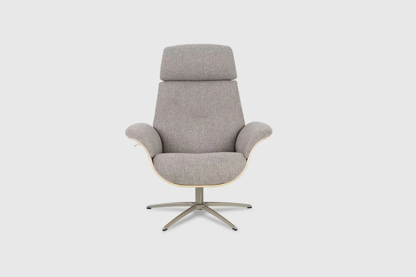 A contemporary high-backed lounge chair featuring grey fabric upholstery, a bent light wood veneer shell, and a brushed metal star-shaped swivel base. The chair has integrated padded armrests and a distinct headrest cushion. — 3D model