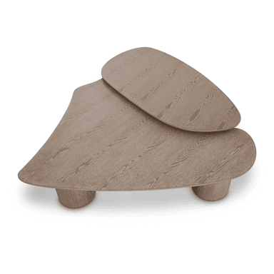 A modern coffee table set featuring two overlapping, organic-shaped tables with cylindrical bases, crafted from light-toned wood with visible grain. — 3D model