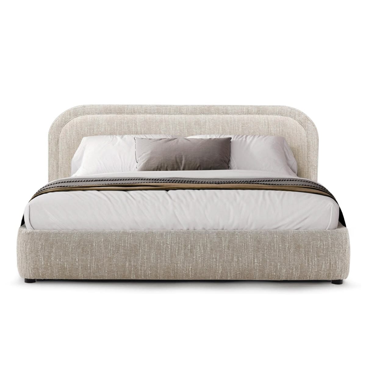An upholstered platform bed featuring a curved, rounded headboard and a matching upholstered base. The entire frame is covered in a light beige or off-white textured fabric. The design is contemporary and minimalist, with the bed appearing to float slightly above the floor on small, recessed feet. — 3D model