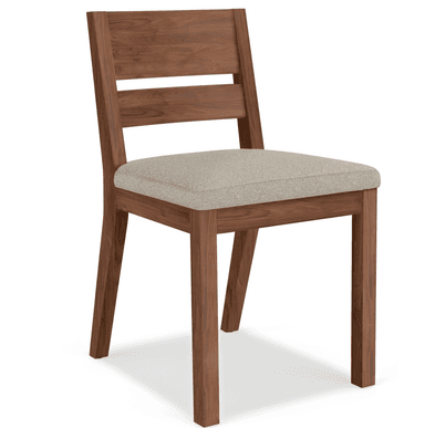 A modern dining chair constructed from walnut wood, featuring an upholstered seat in a light grey or beige fabric and a backrest with two horizontal slats. — 3D model
