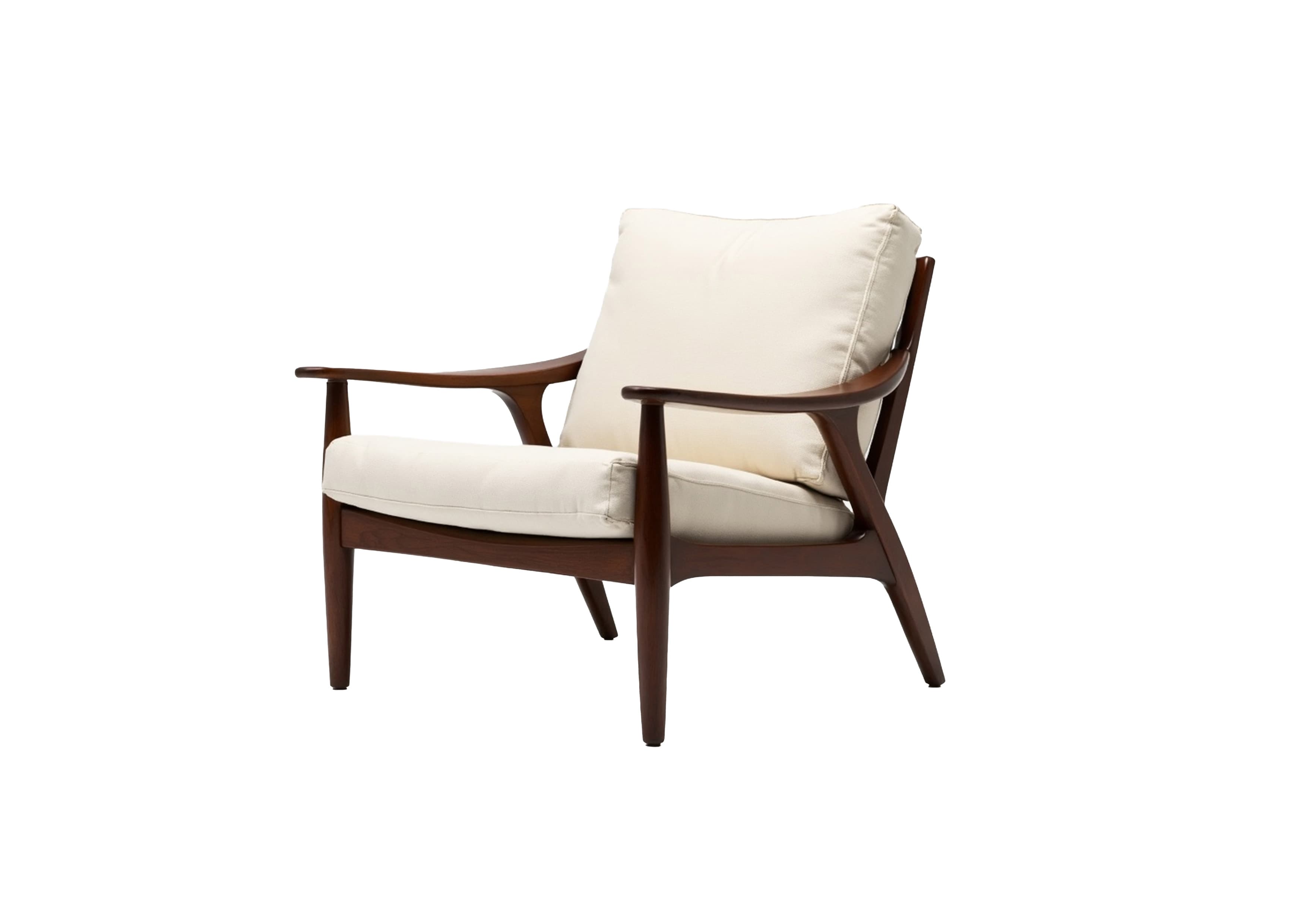 A wooden armchair with a cream-colored upholstered seat and back cushion. The armchair features a curved wooden frame with arms that extend from the back supports and connect to the front legs. The legs are tapered and angled outwards. — 3D model