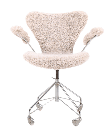 A modern armchair upholstered in a textured, off-white fuzzy fabric. It features a distinctive winged backrest and integrated armrests. The chair is supported by a slender, polished metal base with five legs, each terminating in a castor wheel, suggesting mobility. The base connects to a central column which allows for height adjustment. — 3D model