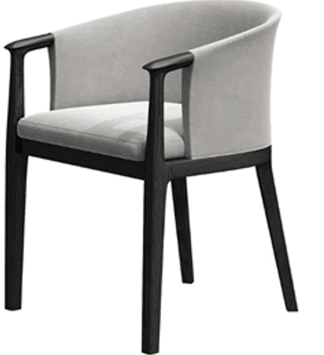 A contemporary armchair featuring a dark wooden frame and light grey upholstered seat and back. The design incorporates a curved barrel back that flows into integrated armrests with exposed dark wooden caps. — 3D model