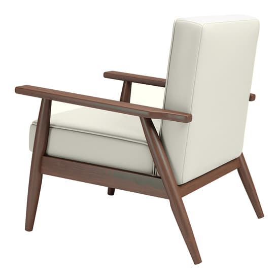 A stylish mid-century modern lounge chair featuring an exposed dark wooden frame and light-colored upholstered cushions. The chair has straight, flat wooden armrests and tapered, angled legs. The back and seat cushions are neatly upholstered with visible piping along the edges, suggesting a comfortable yet minimalist design. — 3D model