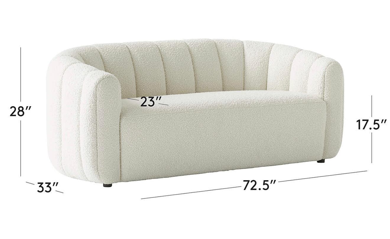 A contemporary loveseat upholstered in textured bouclé fabric, featuring a rounded silhouette with channel tufting on the back and arms. — 3D model