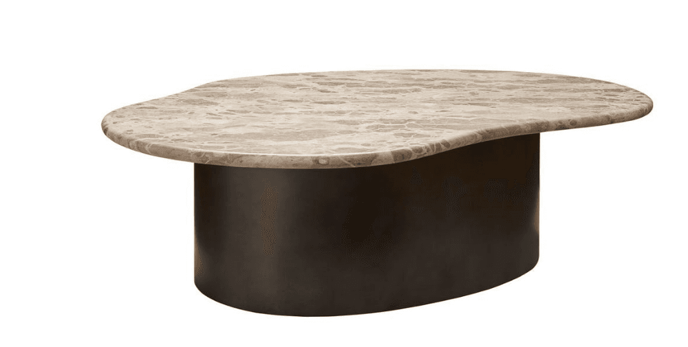 An organically shaped coffee table featuring a natural travertine top with soft, rounded edges, supported by a sturdy, dark-colored pedestal base. The tabletop exhibits natural veining and porous texture characteristic of travertine, while the base has a smooth, matte finish. — 3D model