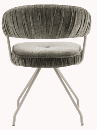 A modern chair featuring a rounded, upholstered backrest and seat with a distinctive gathered or pleated fabric design. The frame and legs are made of a thin, light-colored metal, giving it an airy appearance. The seat is slightly raised and tufted. The overall design is contemporary with a textural emphasis. — 3D model