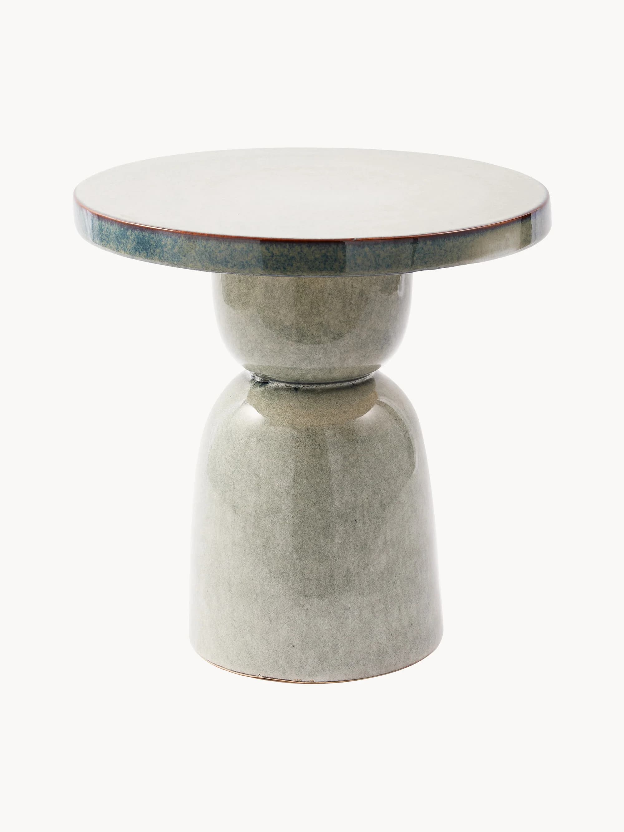 A round side table with a glossy, speckled greenish-gray ceramic base. The base has a unique sculptural form, featuring a wider bell-shaped lower section that tapers upwards into a rounded, bulbous section, and then connects to the underside of the tabletop. The tabletop is also circular and appears to be made of the same ceramic material, with a lighter, off-white finish. The edge of the tabletop has a distinct rim with a gradient of blue and brown glaze. — 3D model