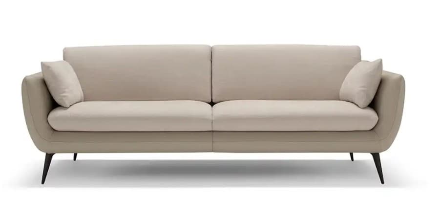A modern three-seater sofa featuring a clean, minimalist design with gently curved arms and a low-profile silhouette. The sofa is upholstered in a light neutral fabric, likely a linen blend or similar textile, for the seat and back cushions, complemented by a contrasting, possibly leather or faux leather, base upholstery in a slightly darker taupe hue. It rests on tapered, dark-colored legs that add a subtle mid-century modern touch. Two square throw pillows in a matching fabric are included, enhancing comfort and aesthetic appeal. — 3D model