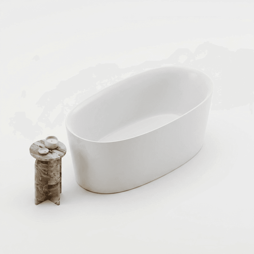 A freestanding, oval-shaped bathtub with a smooth, matte white exterior and interior. The tub has a solid, seamless construction with a gently sloping rim. It is positioned next to a small, circular side table with a multi-colored, veined stone top and a cross-shaped base. Two small white candles and a dish are placed on the side table. — 3D model