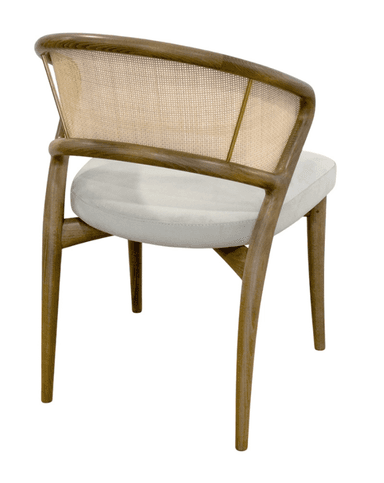 A dining chair with a curved wooden frame and a woven cane backrest. The seat is upholstered in a light grey fabric. The legs are tapered wooden spindles. — 3D model