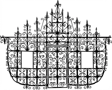 An ornate, black wrought iron gate with intricate scrollwork and decorative finials. The gate features two rectangular openings and is designed with a curved profile, suggesting it might be a section of a larger fence or an entranceway. — 3D model