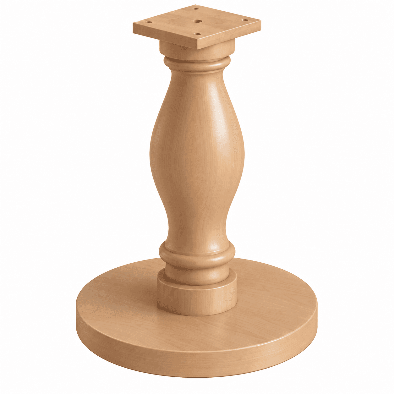 A wooden pedestal table base featuring a turned central column on a flat circular base and a square top plate for attaching a tabletop. — 3D model
