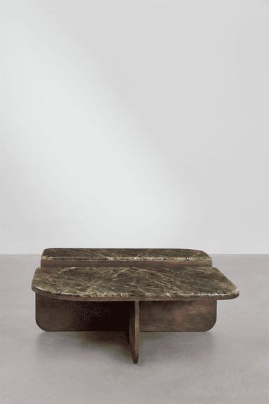 A two-tiered coffee table featuring rounded rectangular tops made of green marble with distinct reddish-brown and darker green veining. The base is constructed from dark, possibly stained wood or plywood, forming intersecting planes that support the two marble surfaces at staggered heights. The design exhibits a clean, sculptural aesthetic with smooth, curved edges throughout, presenting a substantial yet refined appearance. — 3D model