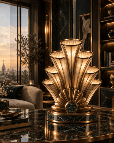An elegant Art Deco style table lamp featuring a fan-shaped design with multiple fluted light diffusers and a polished brass finish on a green marble base. — 3D model