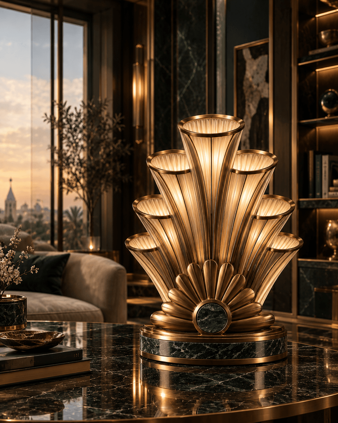 An elegant Art Deco style table lamp featuring a fan-shaped design with multiple fluted light diffusers and a polished brass finish on a green marble base. — 3D model