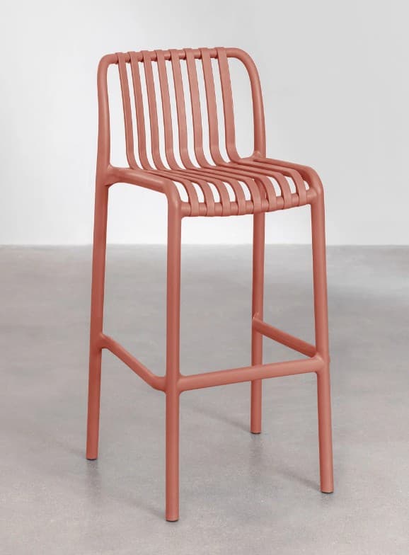 A modern bar stool with a tall profile, featuring a continuous frame forming the legs, footrest, and seat/back structure. The seat and backrest are constructed from horizontal, parallel slats of the same material, creating a minimalist and airy design. The stool has a slightly curved backrest. — 3D model