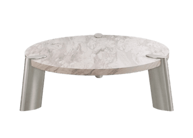 A modern, circular coffee table featuring a white marble top with gray veining, supported by three curved, brushed metal legs. — 3D model