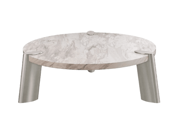 A modern, circular coffee table featuring a white marble top with gray veining, supported by three curved, brushed metal legs. — 3D model