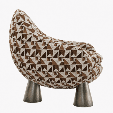 A modern spherical lounge chair featuring a distinctive geometric patterned upholstery and supported by four short, conical metal legs. The chair has an enveloping design, with integrated armrests and a separate, round seat cushion. — 3D model